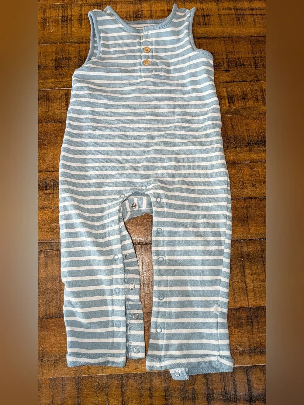 Striped Blue & White Sleeveless One-Piece With Wood Buttons, Organic Cotton 24m